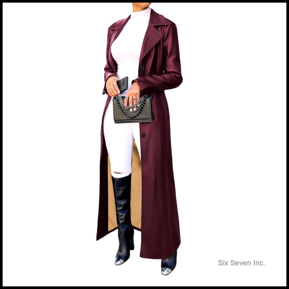 Long Faux Leather Trench Coat Motorcycle Style Button Front Regular Fit - Picture 1 of 5